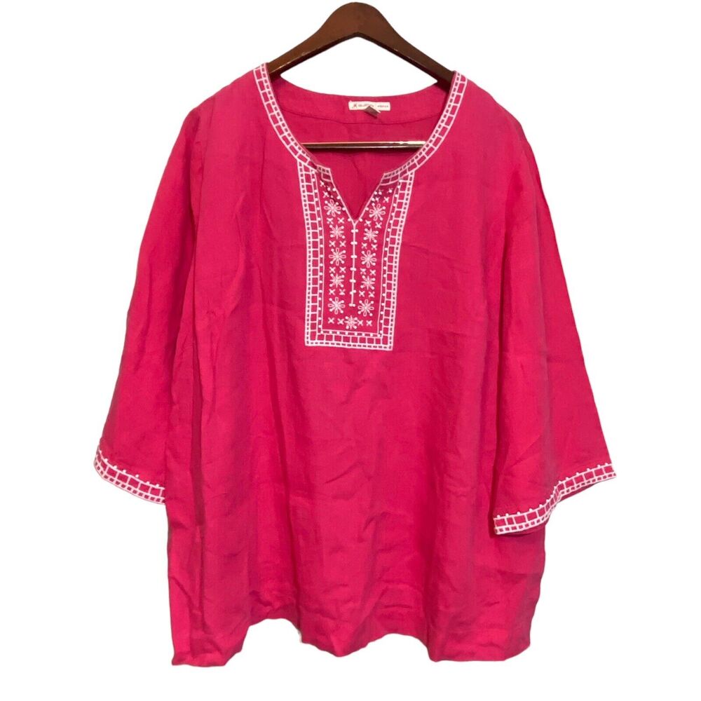 JM Collection Pink Linen Embroidered V-neck Blouse Top Women’s Plus size 24W